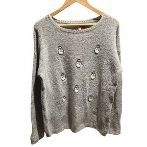 MerryWear Gray Penguin Embroidered Holiday Sweater — Size L